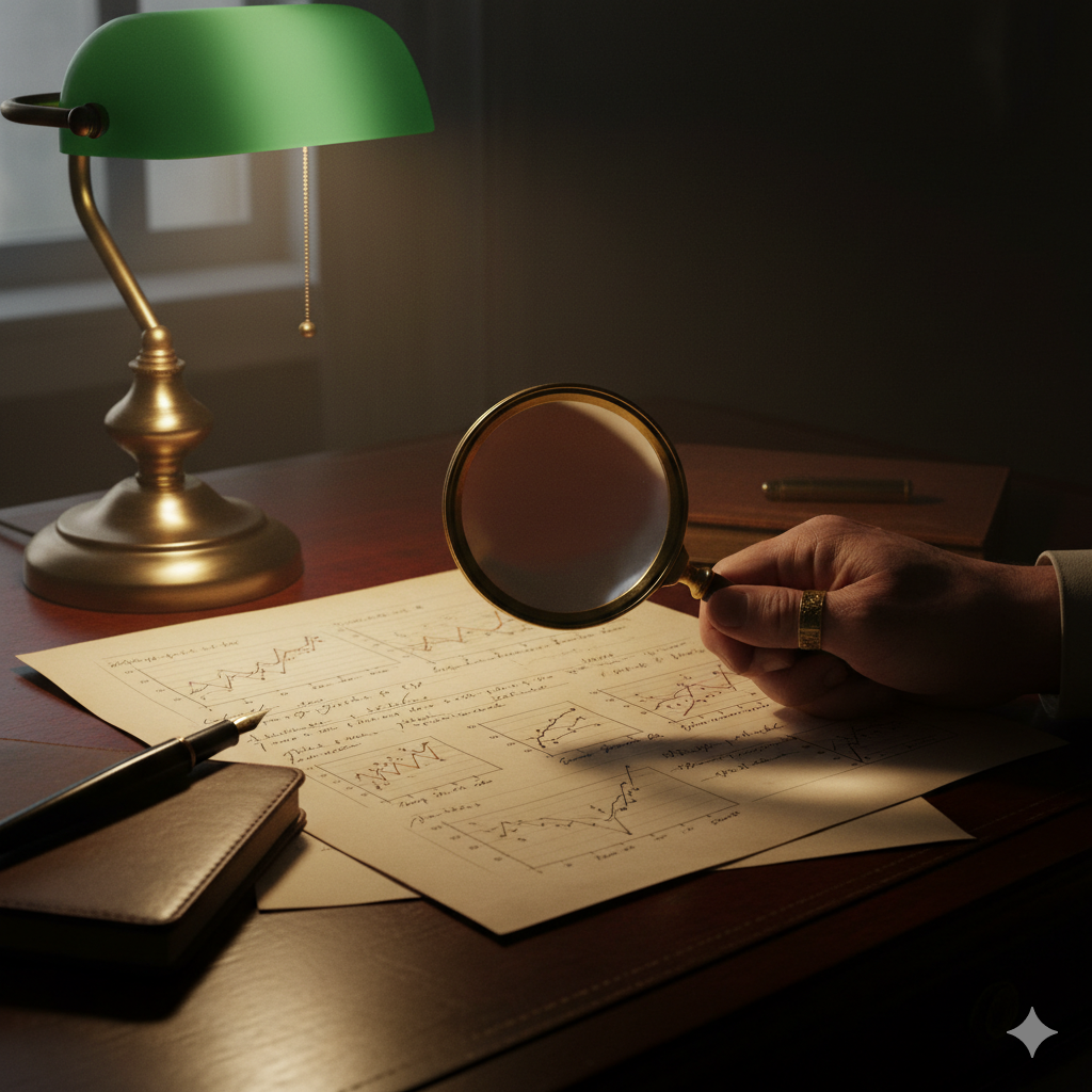 Magnifying glass over a data chart.